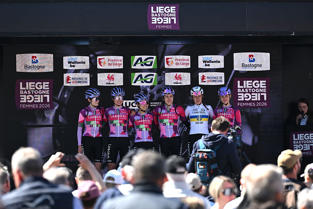 Team Laboral Kutxa-Fundacion Euskadi sign on prior to the 10th Liege - Bastogne - Liege Femmes 2026. (Photo by Luc Claessen/Getty Images)