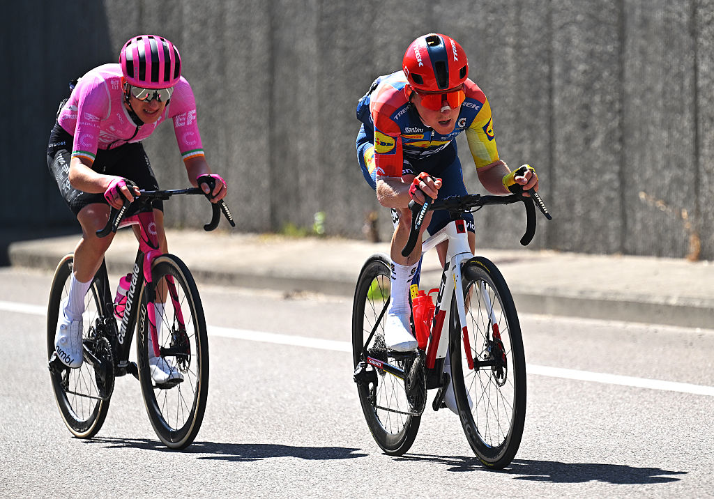 ARCO, ITALY - APRIL 22: (L-R) Darren Rafferty of Ireland and Team EF Education - EasyPost and Sam Oomen of Netherlands and Team Lidl - Trek compete in the breakaway during the 48th Tour of the Alps 2026, Stage 3 a 174.5km stage from Latsch - Laces to Arco on April 22, 2026 in Arco, Italy. (Photo by Tim de Waele/Getty Images)