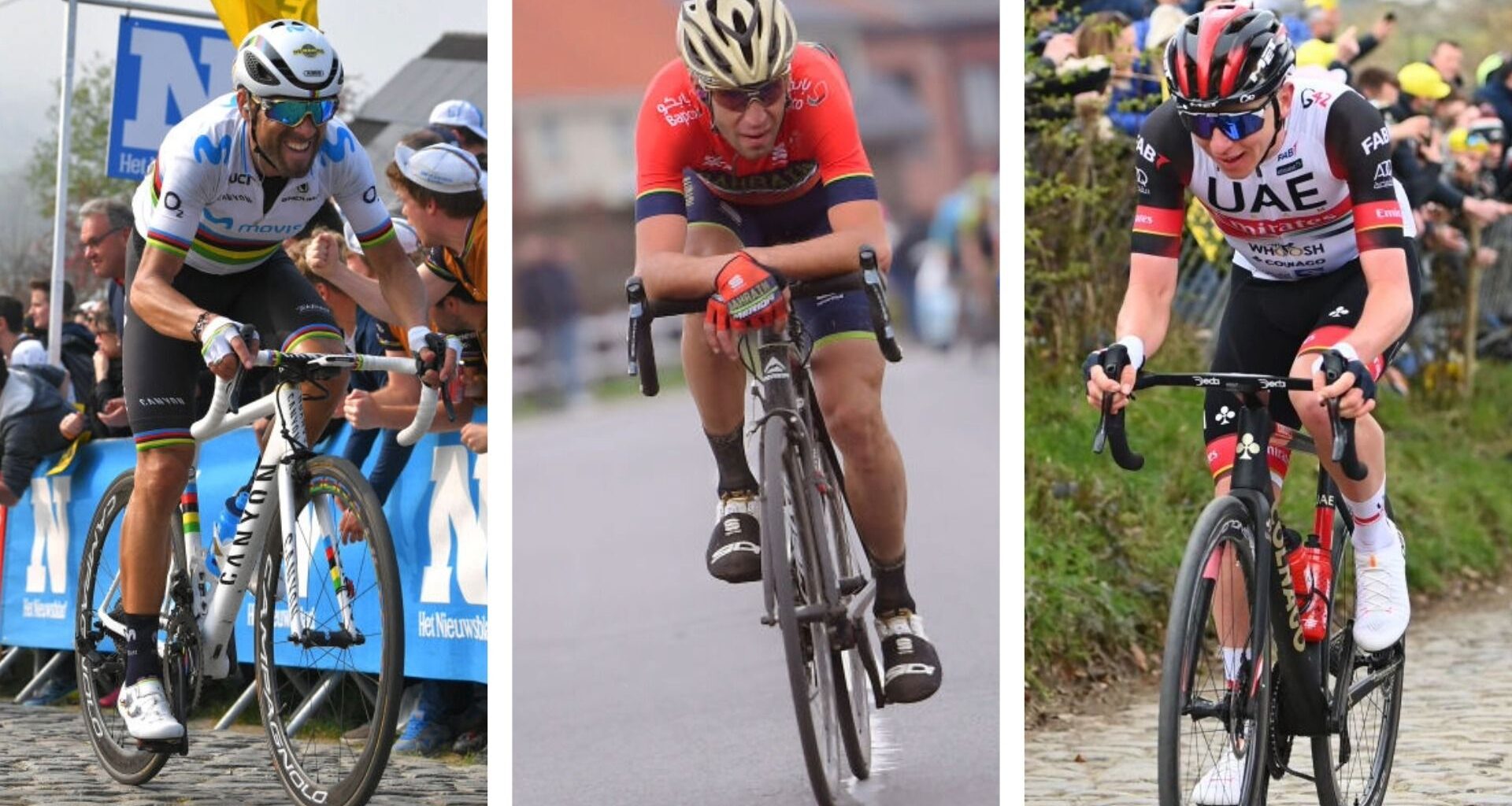 A split image showing Alejandro Valverde, Vincenzo Nibali, and Tadej Pogačar