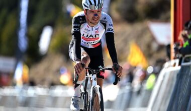 LA MOLINA, SPAIN - MARCH 27: Joao Almeida of Portugal and UAE Team Emirates - XRG crosses the finish line during the 105th Volta a Catalunya 2026, Stage 5 a 155.3km stage from La Seu d&amp;apos;Urgell to La Molina/Coll de Pal 2109m / #UCIWT / on March 27, 2026 in La Molina, Spain. (Photo by Szymon Gruchalski/Getty Images)