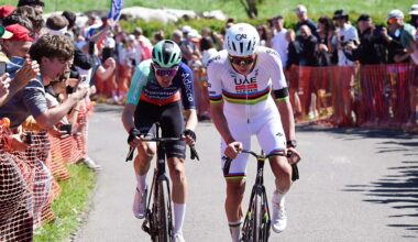 Paul Seixas of Team Decathlon CMA CGM and Tadej Pogacar of UAE Team Emirates - XRG compete in the breakaway during Liege - Bastogne - Liege 2026 - (Photo by Bernard Papon - Pool/Getty Images)