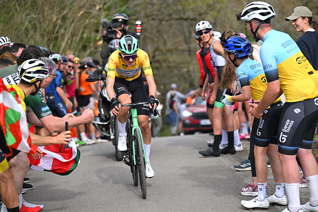 CUEVAS DE MENDUKILO, SPAIN - APRIL 07: Stage winner Paul Seixas of France and Team Decathlon CMA CGM - Yellow Leader Jersey competes in the breakaway while fans cheer during the 65th Itzulia Basque Country 2026, Stage 2 a 164.1km stage from Pamplona-Iruna to Cuevas de Mendukilo 757m / #UCIWT / on April 07, 2026 in Cuevas de Mendukilo, Spain. (Photo by Tim de Waele/Getty Images)