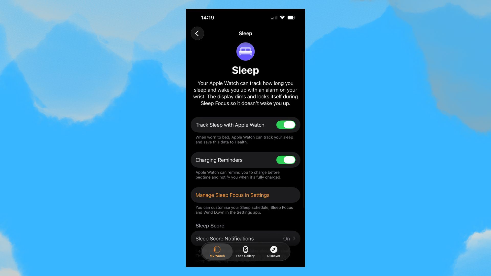 A screenshot that shows how to turn on charging reminders on the Apple Watch app