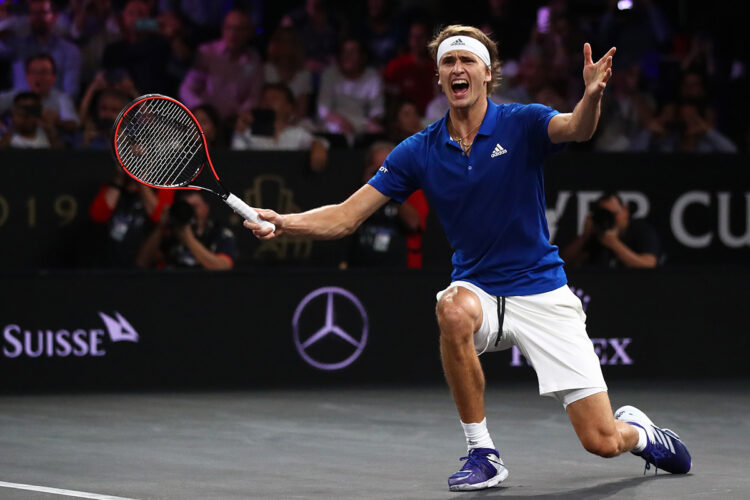 Alexander Zverev celebrates clinching the Laver Cup title point in Geneva in 2019. 
