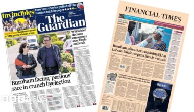 The headline on the front page of the Guardian reads: "Burnham facing 'perilous' race in crunch byelection."