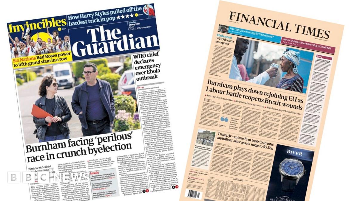 The headline on the front page of the Guardian reads: "Burnham facing 'perilous' race in crunch byelection."