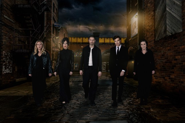 A Coronation Street murder promo shows Megan Walsh, Jodie Ramsey, Carl Webster, Theo Silverton and Maggie Driscoll all dressed in black