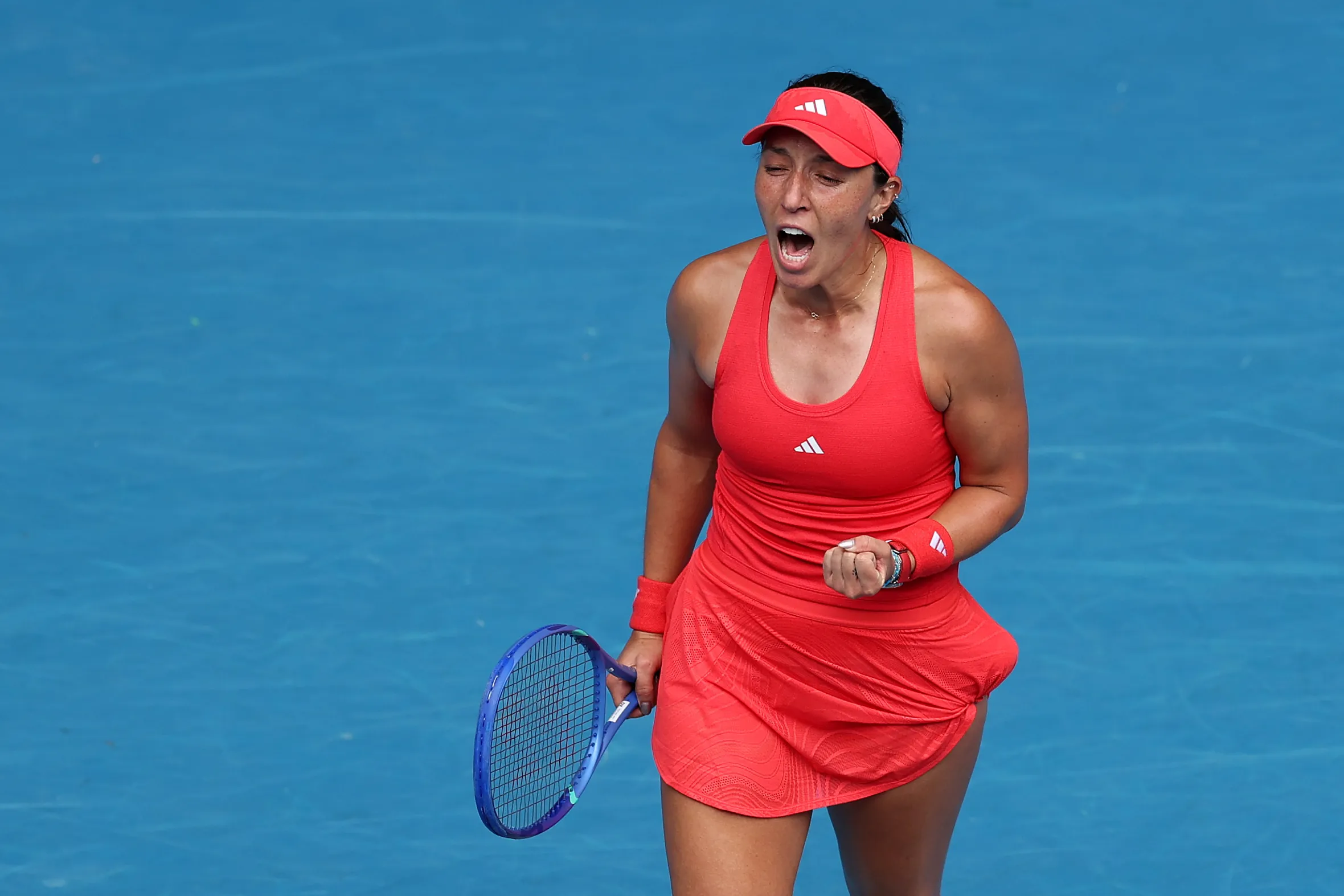 Jessica Pegula of the United States celebrates winning a match point against Elise Mertens of Belgium in the Women's Singles Second Round match during day four of the 2025 Australian Open.