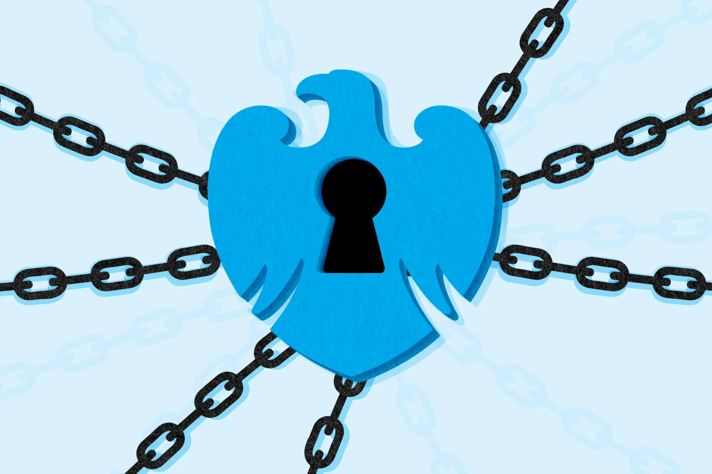 Illustration of a blue eagle with a keyhole at its center, connected by chains on a light blue background.