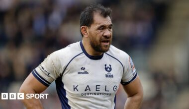 Bristol Bears back row Steven Luatua during a Premiership Rugby match, wearing a white and blue shirt.