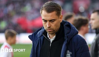 Tonda Eckert, head coach of Southampton, on the touchline in blue club coat during the Championship play-off semi-final second leg match between Southampton and Middlesbrough at St Mary's Stadium