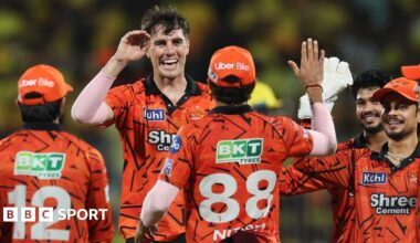 Pat Cummins celebrates a wicket with his Sunrisers teammates