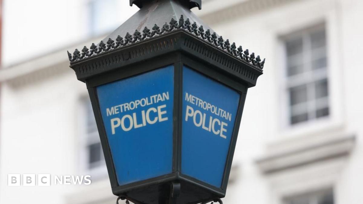 A lamppost which is blue and says Metropolitan Police in white on each pane
