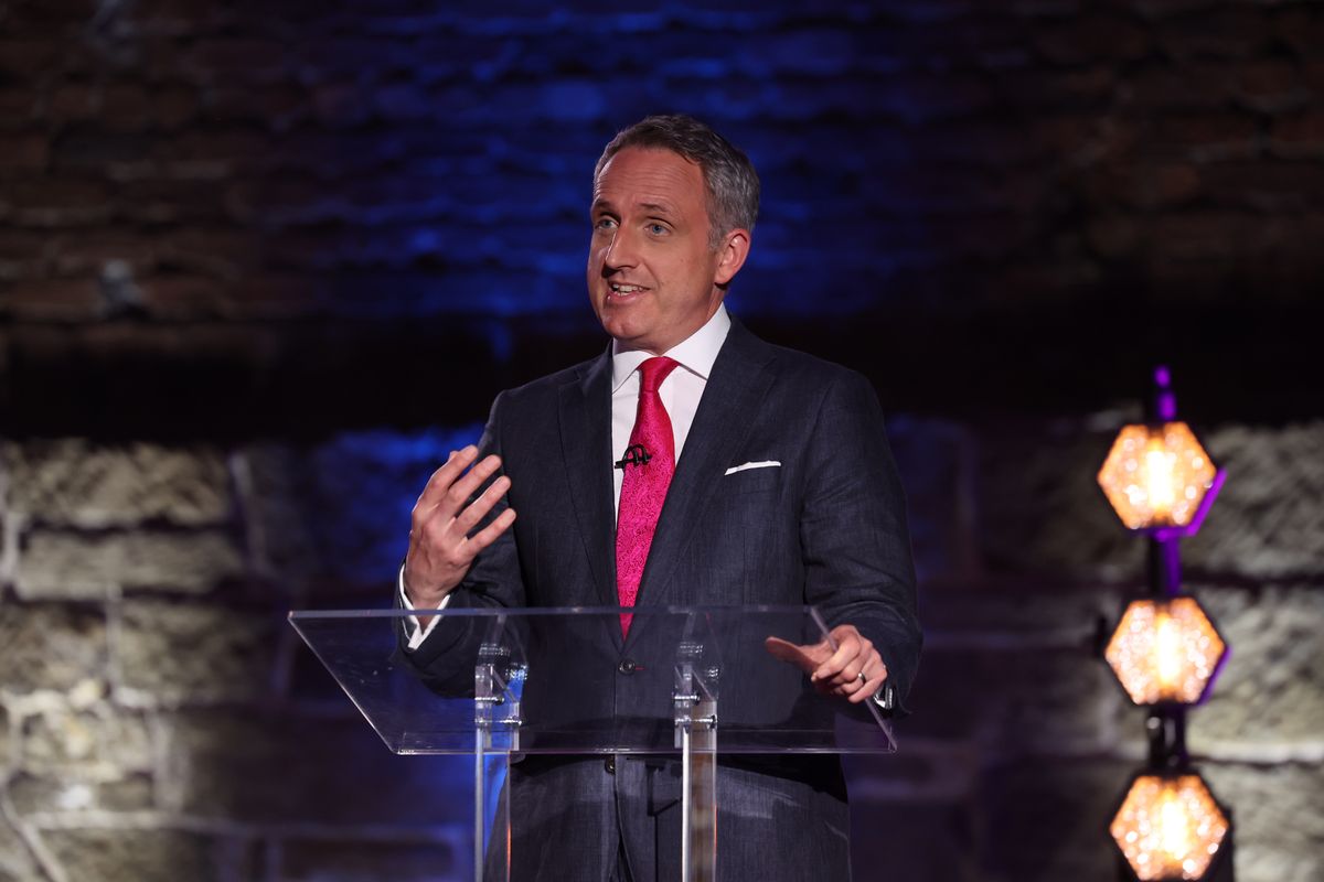 Scottish Liberal Democrats leader Alex Cole-Hamilton gestures during the Scottish party leaders Channel 4 news election debate in Glasgow