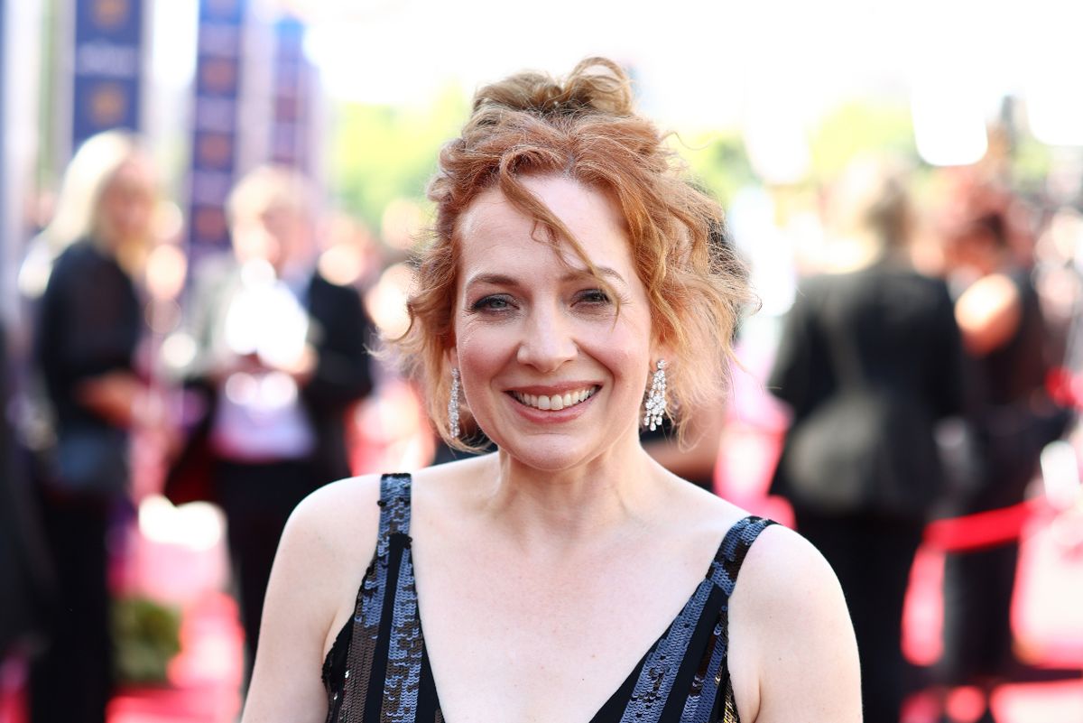 Katherine parkinson in black dress on red carpet