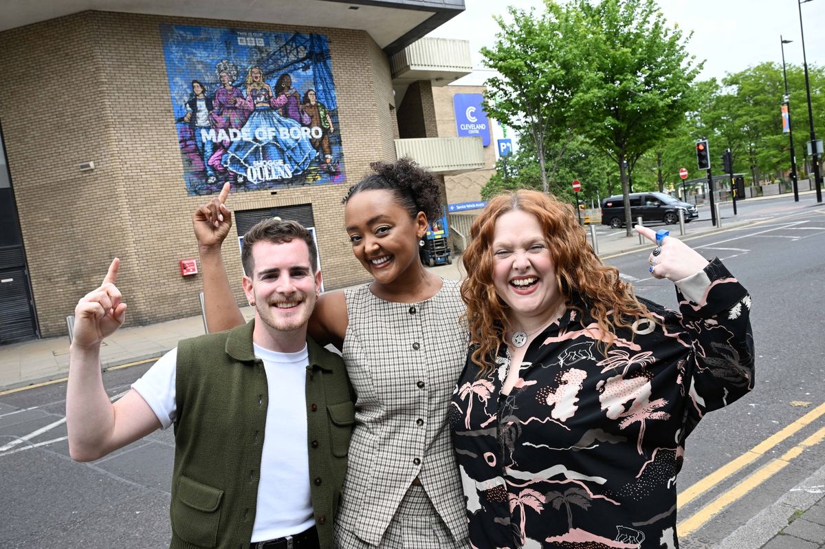 Smoggie Queens cast members Alexandra Mardell, Elijah Young and Patsy Lowe with the mural