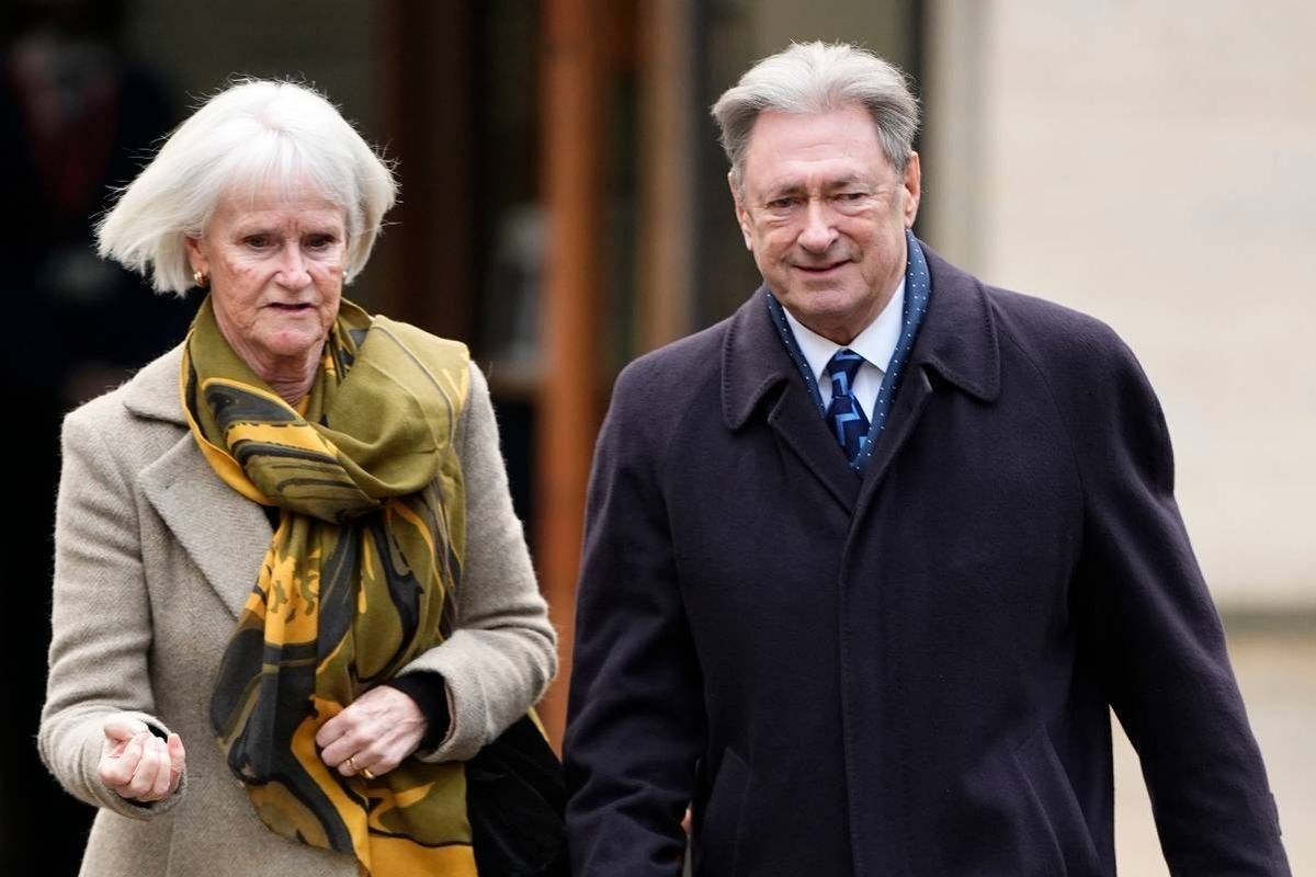 Alison and Alan Titchmarsh departing following a service of thanksgiving for Dame Jilly Cooper at Southwark Cathedral, London. Author Dame Jilly died