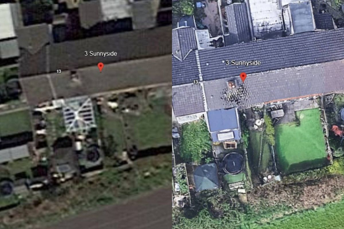 An aerial image split into two sections, showcasing urban infrastructure. The left section displays a segment of a paved road with various vehicles parked alongside, surrounded by an expanse of green vegetation and several buildings. The right section features a different perspective, highlighting a similar paved road with buildings and vehicles, along with a large expanse of green grass.