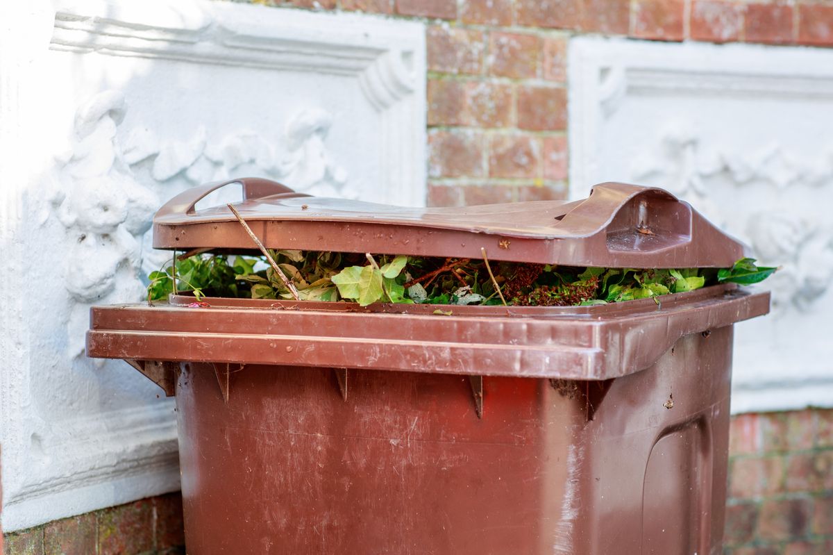 Brown trash bin for biodegradable waste on a garden as part of spring cleaning of a garden. Different parts of branches, leaves and grass are seen in the background.