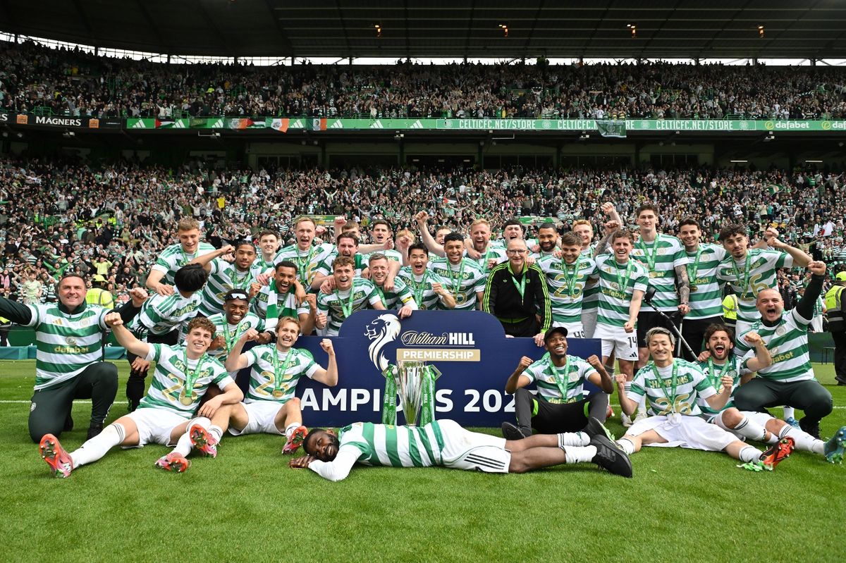 Celtic players and staf celebrate five-in-a-row