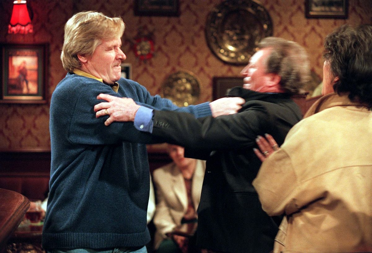 Ken Barlow and Mike Baldwin fighting on Coronation Street