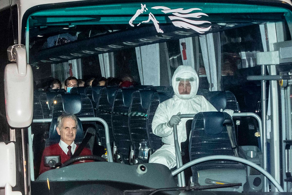 Passengers being brought to a UK quarantine facility on a coach amid the hantavirus outbreak