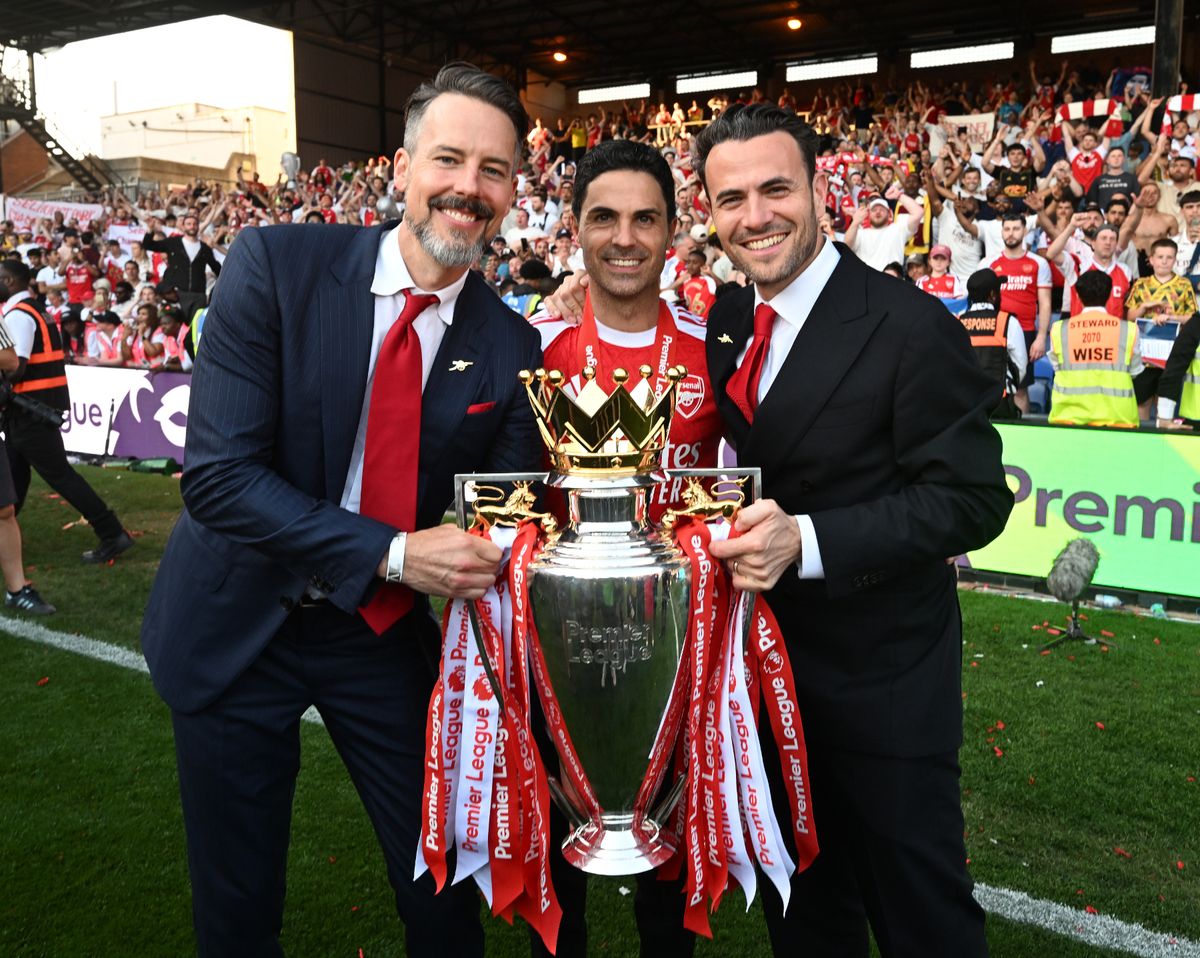 Arsenal manager Mikel Arteta with Josh Kroenke and Director Ben Winston after the Premier League match between Crystal Palace and Arsenal at Selhurst Park.