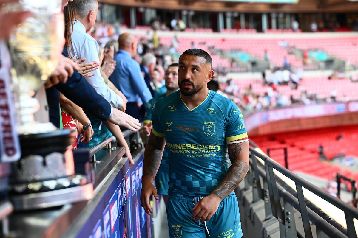 Hull KR's captain Elliot Minchella reaches the Royal Box after his side's loss to Wigan.