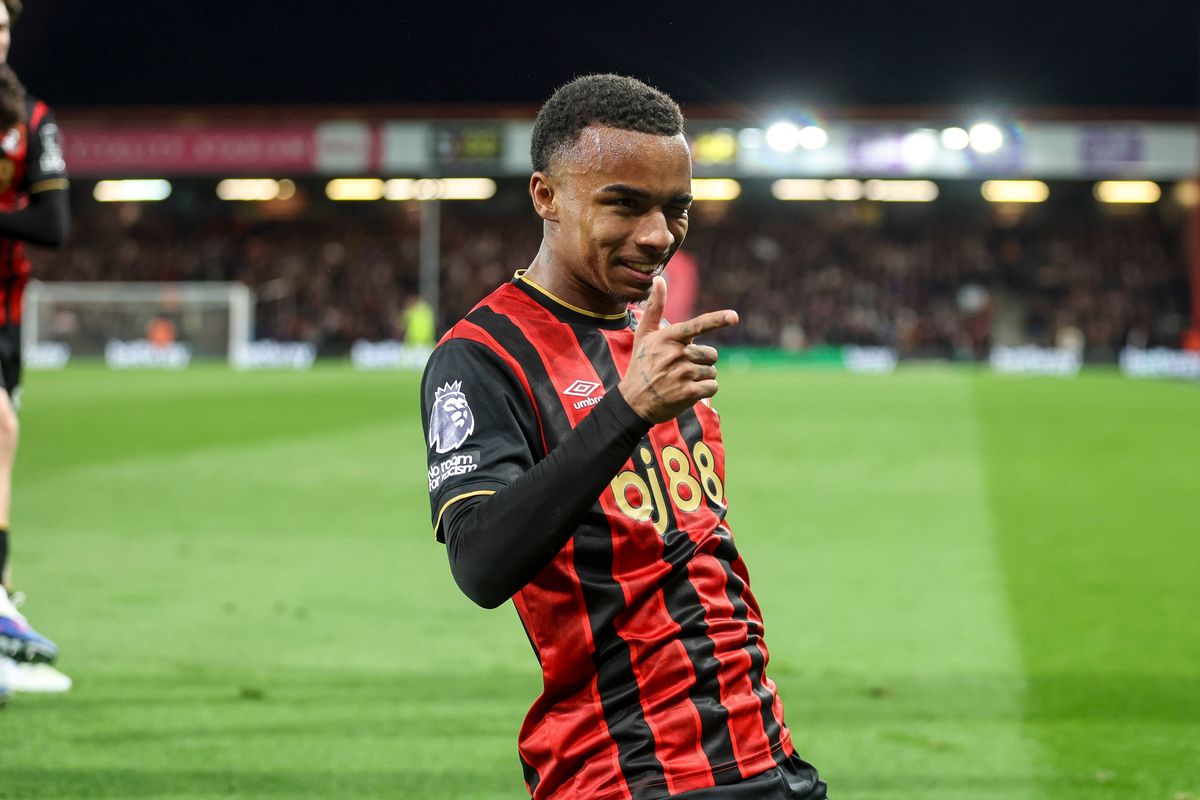 Eli Junior Kroupi celebrates after scoring a goal for Bournemouth