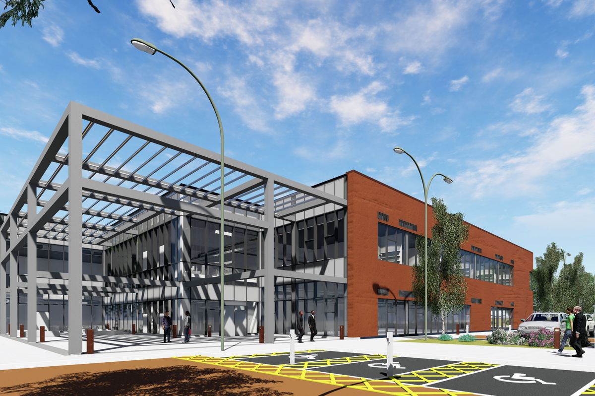 Entrance view of new Sustainable Materials and Manufacturing Centre (SMMC) planned for Atom Valley in Rochdale. Uploaded by George Lythgoe. Credit: Rochdale Development Agency.