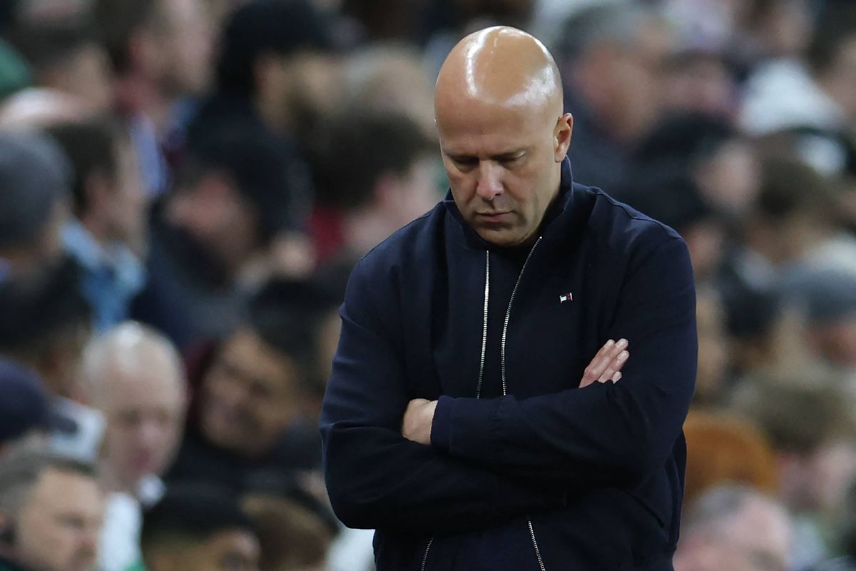 Liverpool's Dutch manager Arne Slot reacts to conceding their fourth goal during the English Premier League football match between Aston Villa and Liverpool at Villa Park in Birmingham on May 15, 2026.