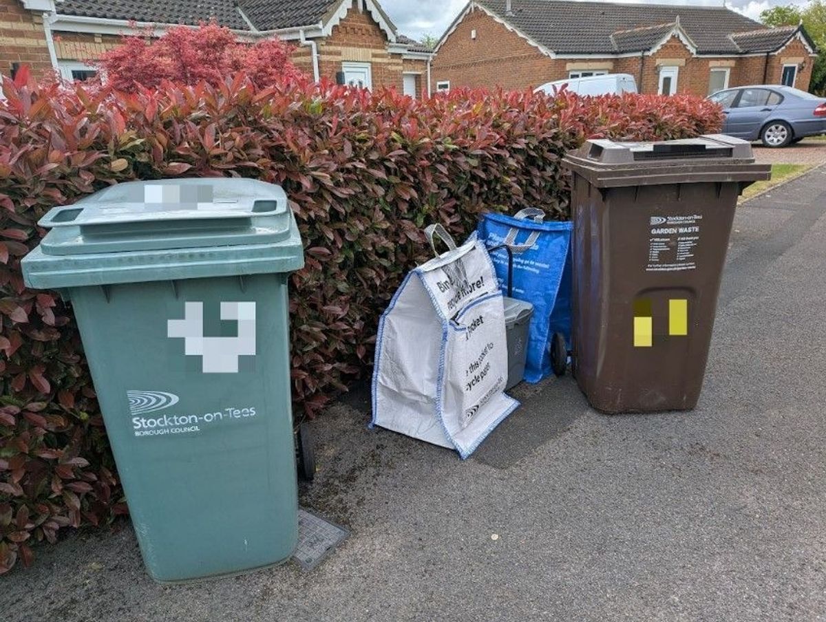 Bins, bags and a food caddy out for collection by Stockton Council.
