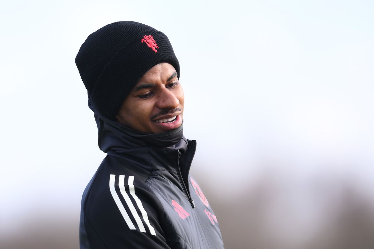Marcus Rashford of Manchester United takes part in the UEFA Europa League 2024/25 League Phase MD8 training and press conference at the Carrington Training complex on January 29, 2025 in Manchester, England.