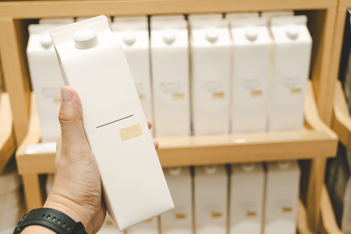 Box empty white package. Retail package. Drink package for liquid product. Blank paper pack.