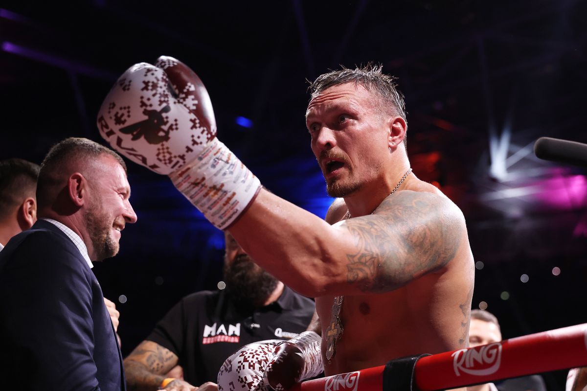 Oleksandr Usyk celebrates victory by knock out over Daniel Dubois (not pictured) after Referee Michael Griffin (not pictured) stops the bout during their IBF, IBO, WBC and WBO World Heavyweight titles' fight on the 'Undisputed' fight night card at Wembley Stadium on July 19, 2025 in London, England.