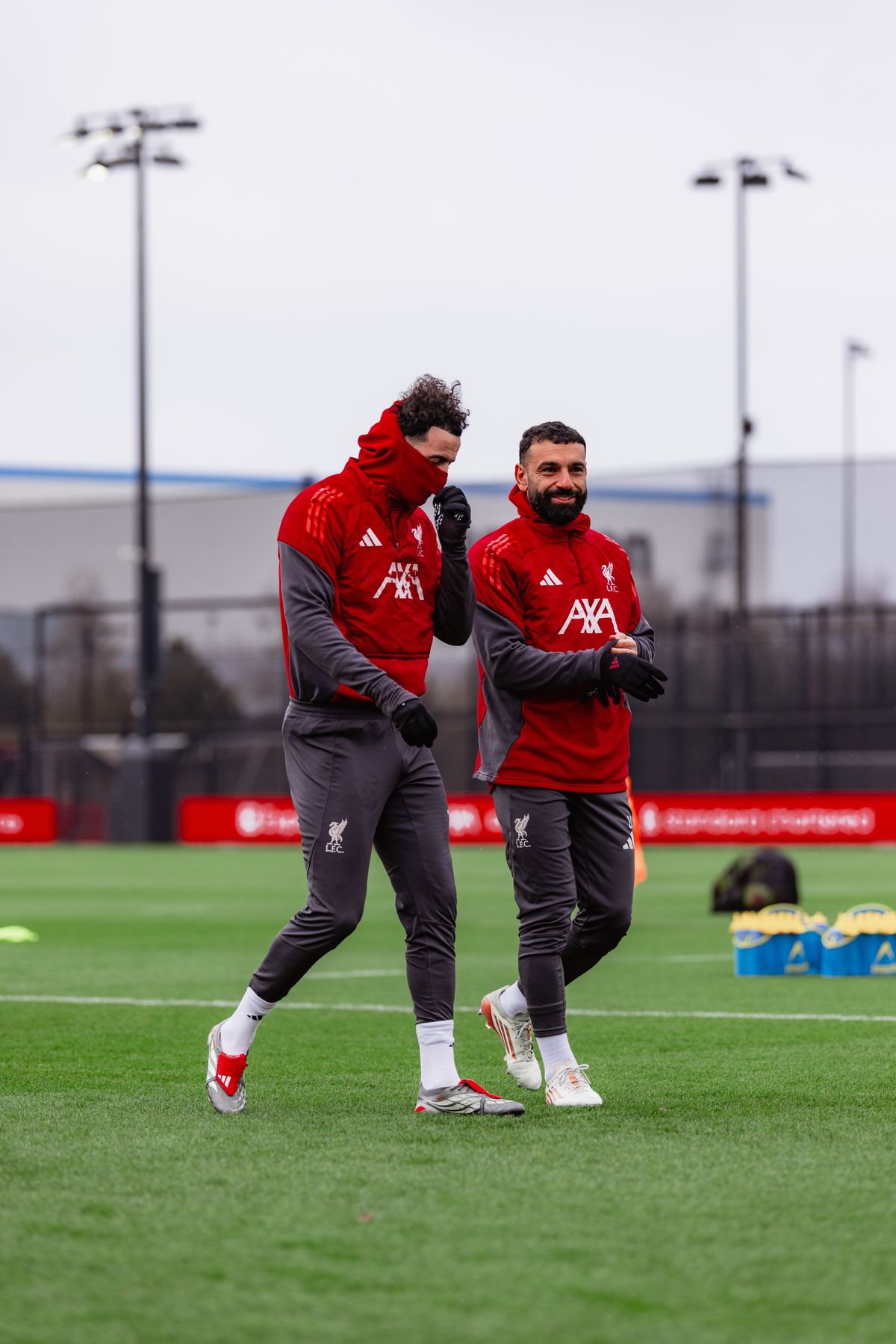 Curtis Jones and Mohamed Salah during a Liverpool training session.