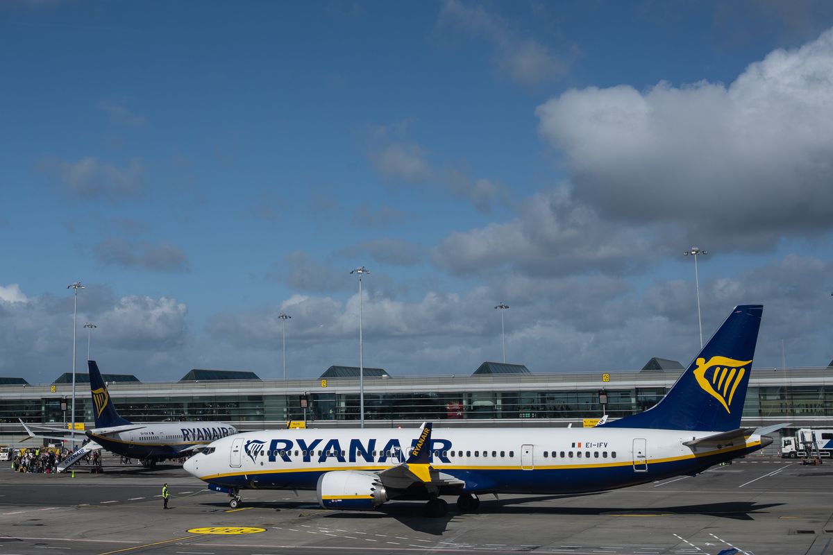 A Ryanair airplane is seen on the runway at Dublin Airport