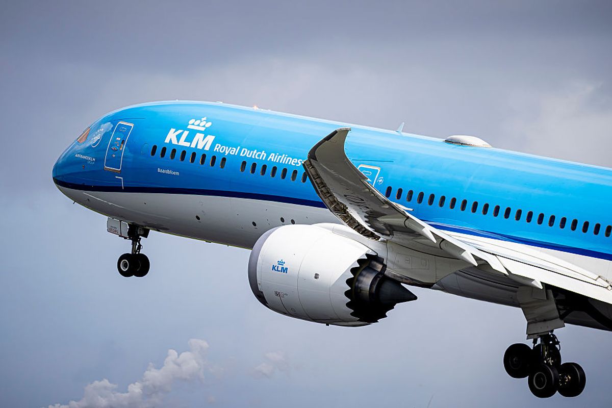A KLM Royal Dutch Airlines plane during take off at Schiphol Amsterdam Airport