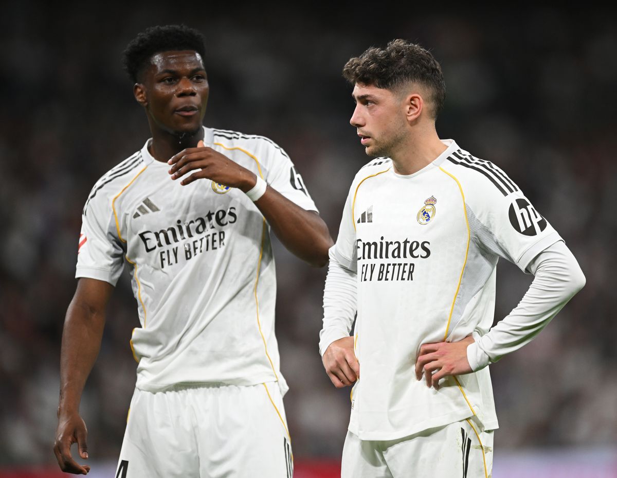 Aurelien Tchouameni and Federico Valverde of Real Madrid look on during the LaLiga EA Sports match between Real Madrid CF and Girona FC at Estadio Santiago Bernabeu on April 10, 2026 in Madrid, Spain
