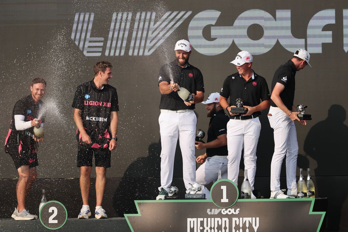 Tyrrell Hatton, Caleb Surratt, Tom McKibbin and Jon Rahm of Legion XIII celebrate with the team trophy after winning during day four of LIV Golf Mexico City at Club de Golf Chapultepec on April 19, 2026 in Mexico City.