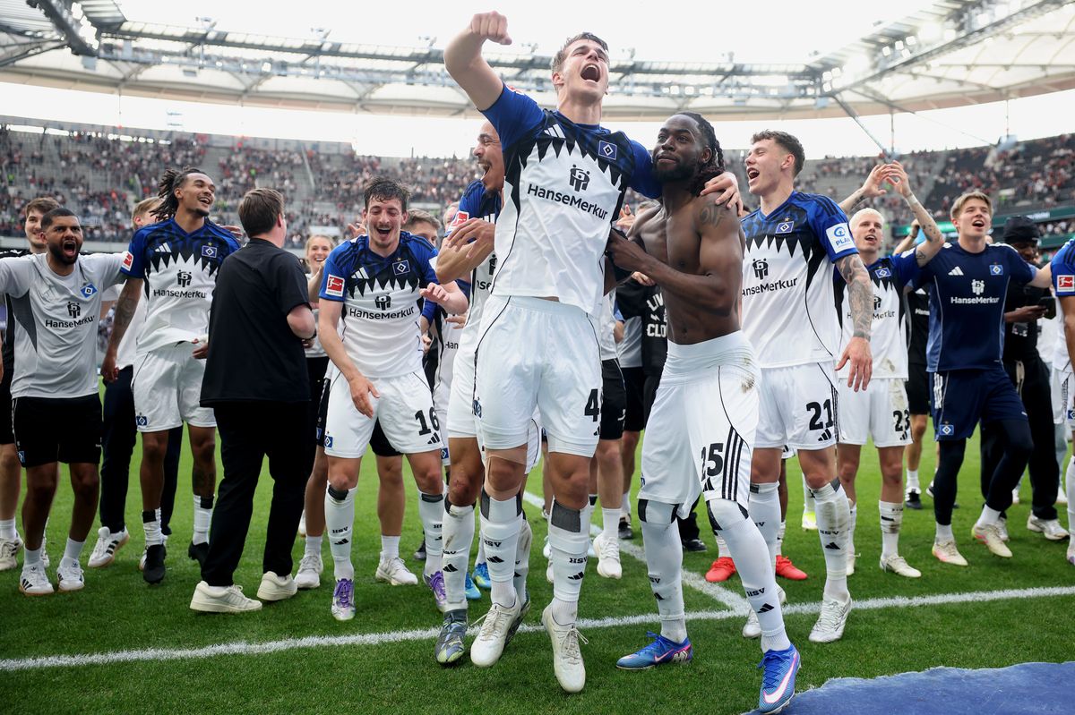 Luka Vuskovic celebrates in front of the Hamburg fans after they secured their Bundesliga status at the weekend