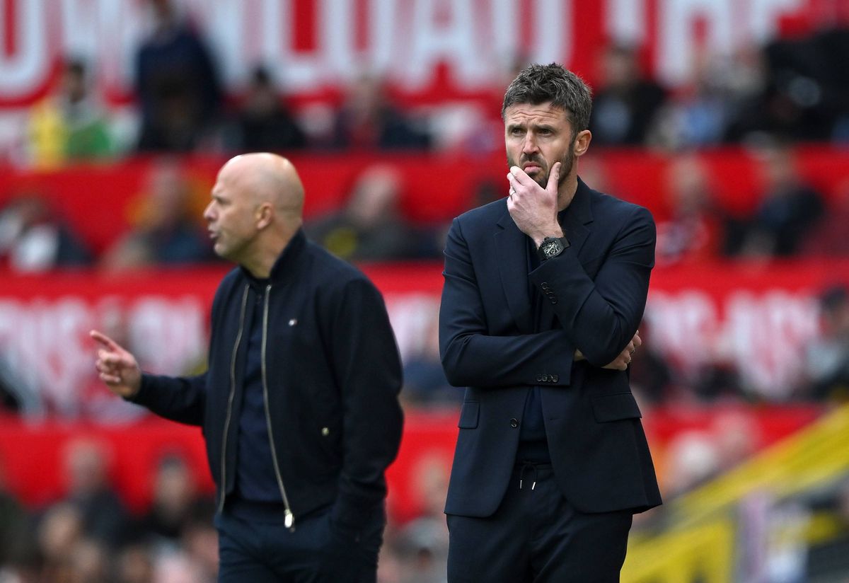 Michael Carrick, Manager of Manchester United, reacts during the Premier League match between Manchester United and Liverpool at Old Trafford on May 03, 2026 in Manchester, England