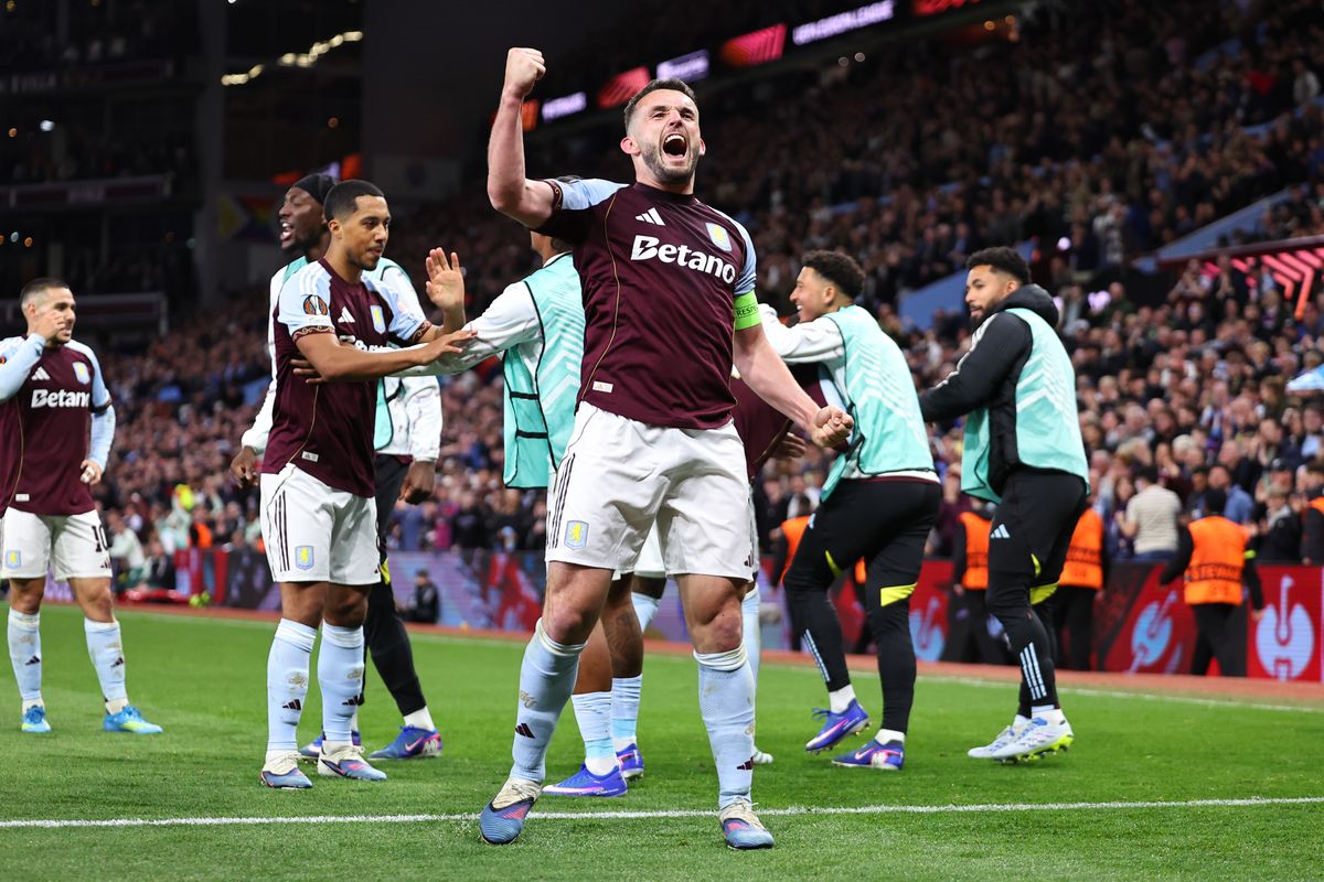 John McGinn of Aston Villa celebrates after scoring a goal to make it 3-0 during the UEFA Europa League 2025/26 Semi-Final Second Leg match between Aston Villa FC and Nottingham Forest FC at Villa Park on May 7, 2026 in Birmingham, United Kingdom