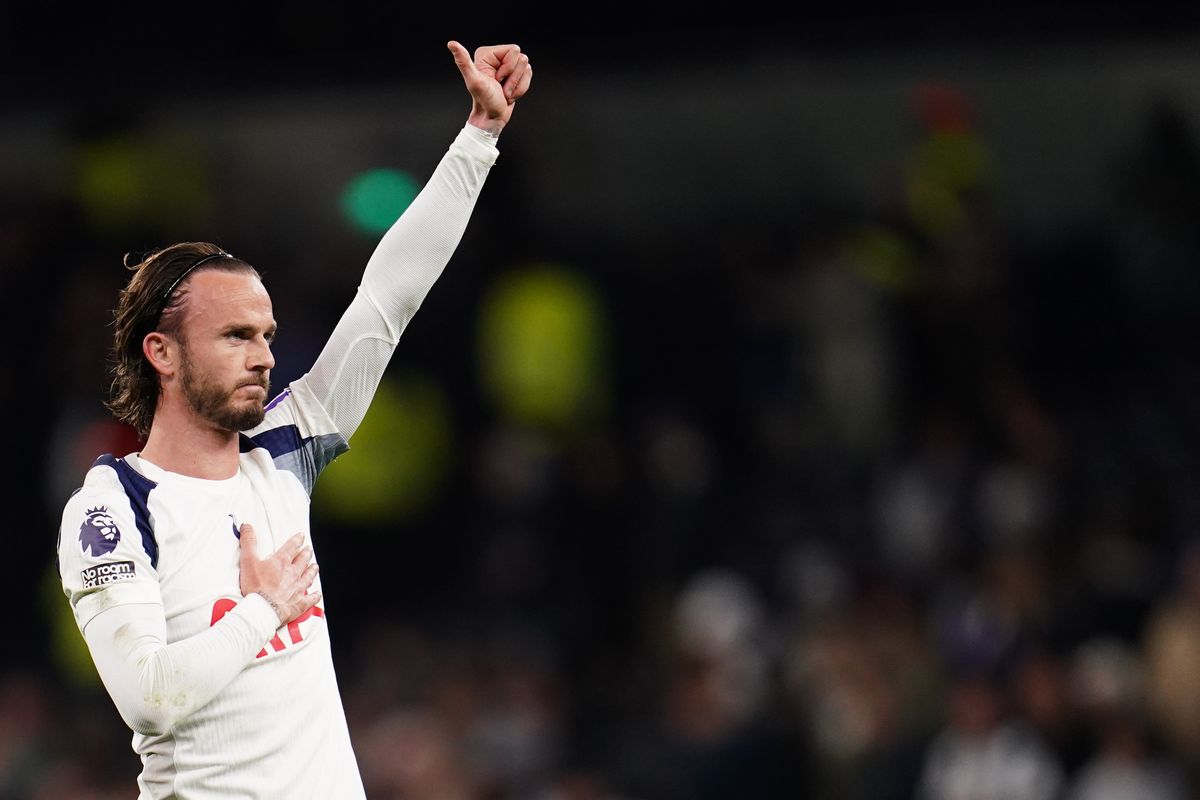 James Maddison thanks the Tottenham Hotspur supporters after making his return from injury during the Premier League match against Leeds United