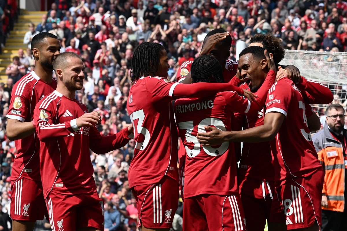 LIVERPOOL, ENGLAND - MAY 09: (SUN OUT, SUN ON SUNDAY OUT) Ryan Gravenberch of Liverpool celebrates scoring his team's first goal with teammates during the Premier League match between Liverpool and Chelsea at Anfield on May 09, 2026 in Liverpool, England. (Photo by Liverpool FC/Liverpool FC via Getty Images)