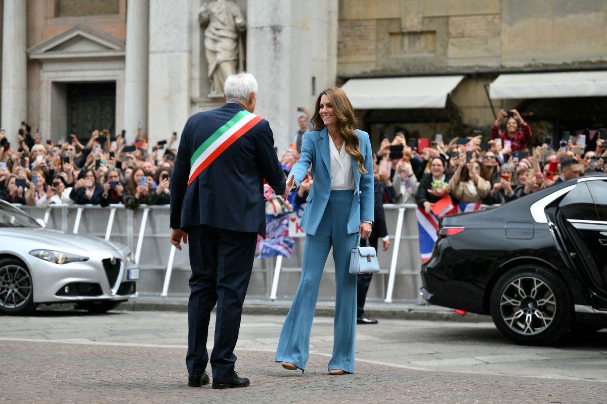 Princess of Wales is welcomed by the mayor of Reggio Emilia, Marco Massari