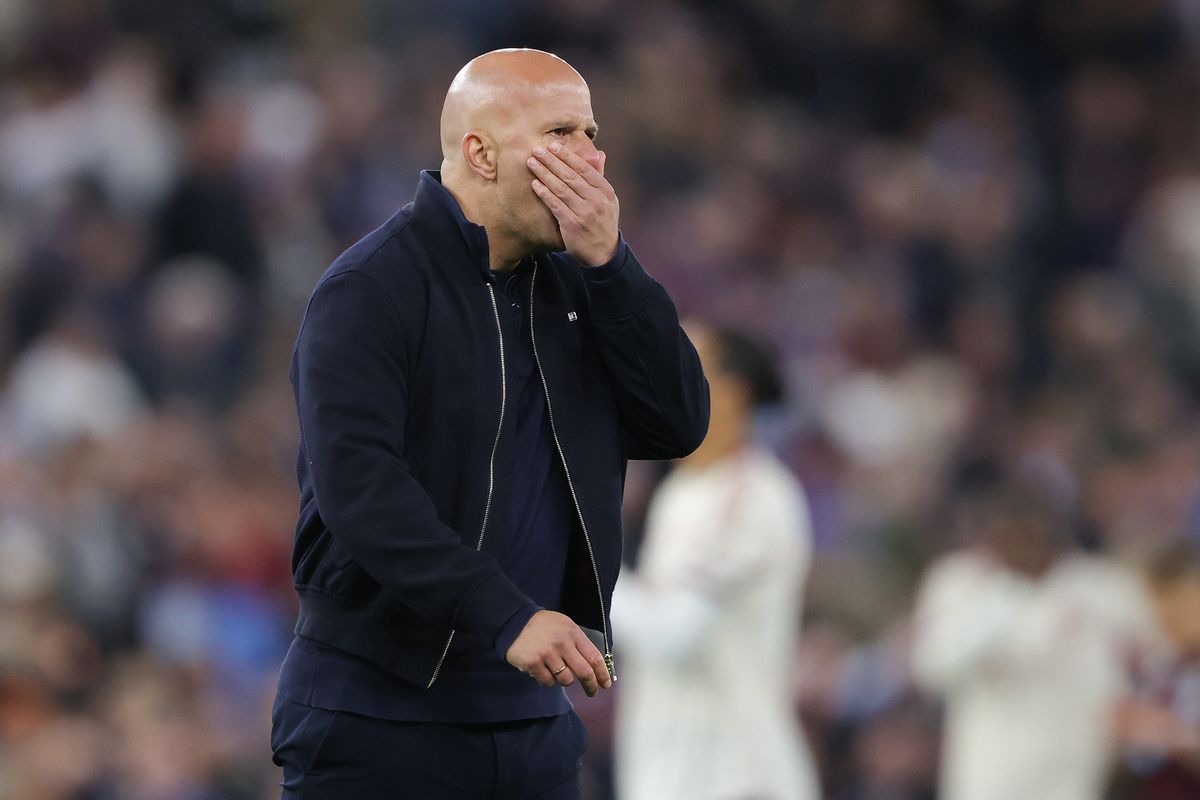 BIRMINGHAM, ENGLAND - MAY 15: Arne Slot, head coach of Liverpool, looks dejected after the Premier League match between Aston Villa and Liverpool at Villa Park on May 15, 2026 in Birmingham, England. (Photo by James Gill - Danehouse/Getty Images)