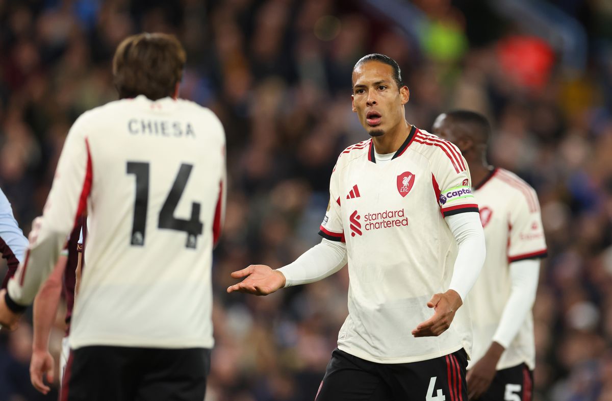 Virgil van Dijk of Liverpool reacts towards Federico Chiesa of Liverpool during the Premier League match between Aston Villa and Liverpool at Villa Park on May 15, 2026 in Birmingham, England