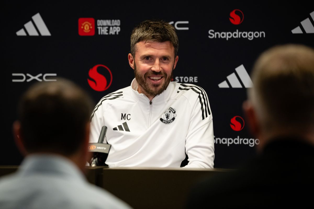 Head Coach Michael Carrick of Manchester United speaks during a press conference at Carrington Training Ground on May 21, 2026 in Manchester, England