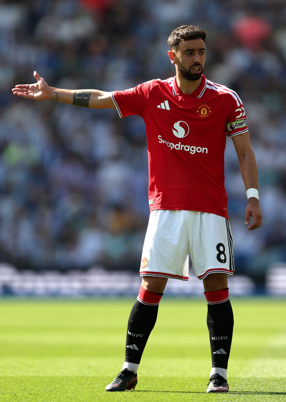 Bruno Fernandes of Manchester United looks on during the Premier League match between Brighton & Hove Albion and Manchester United at the Amex Stadium on May 24, 2026 in Brighton, England.